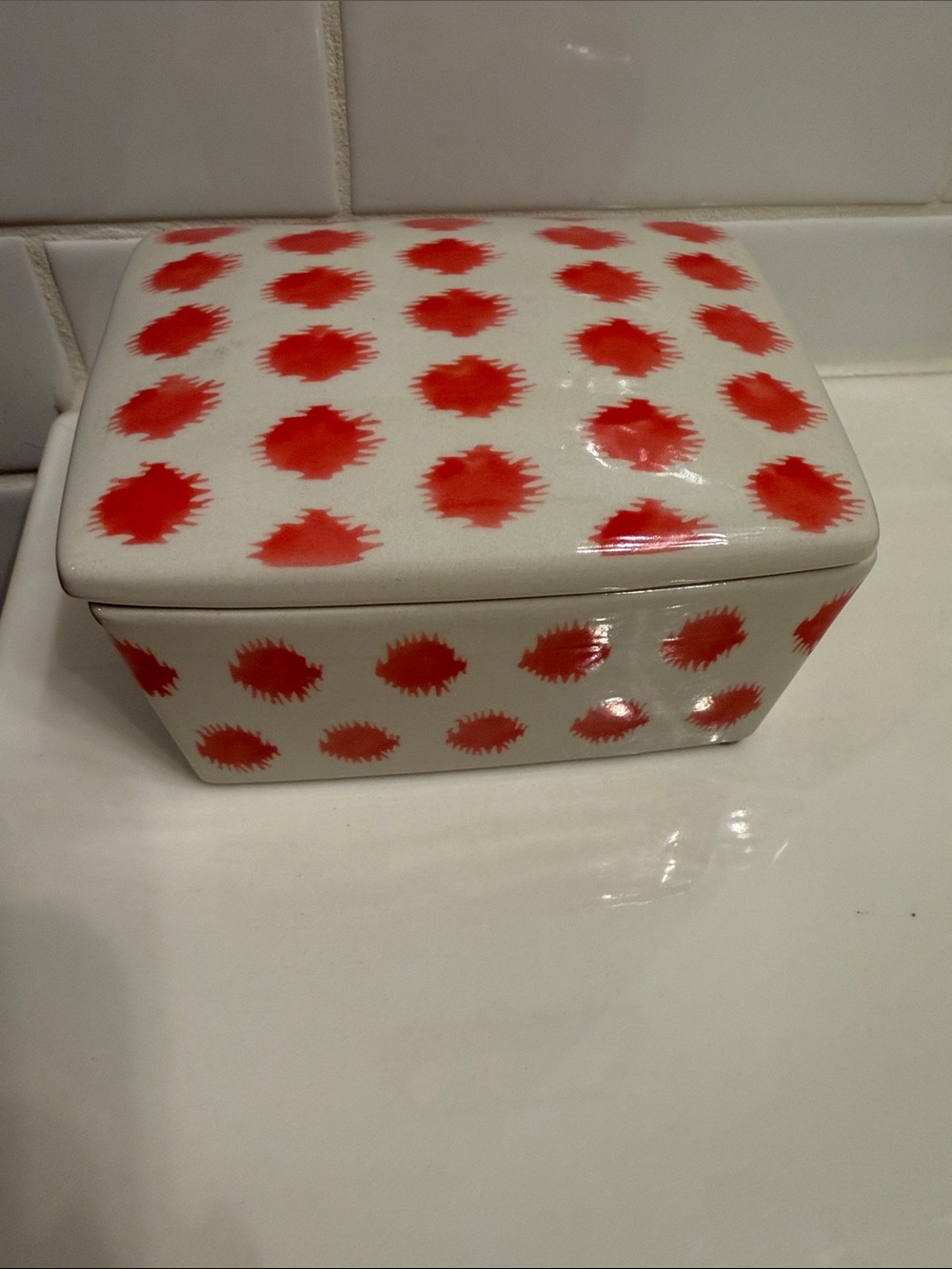 Creative Co-Op Ceramic Box with Red Brushstroke Dots